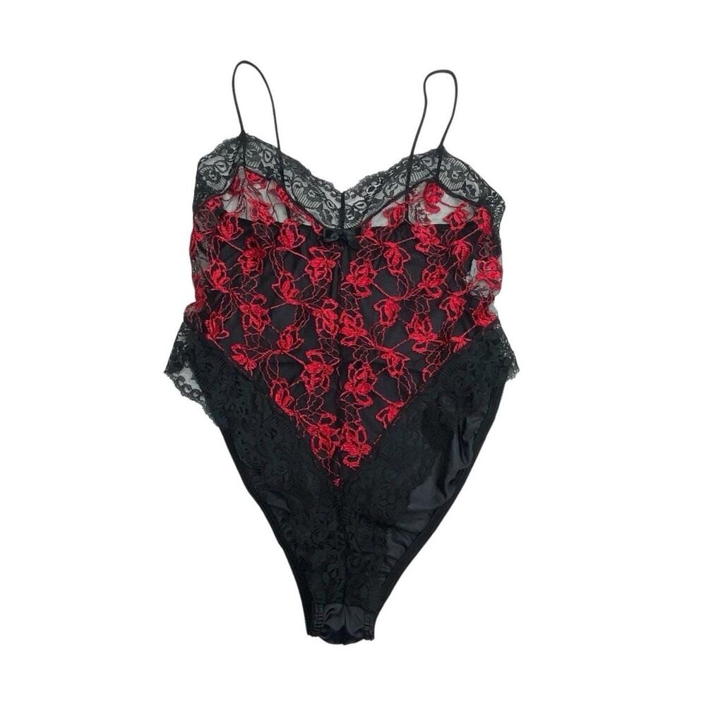 Vintage Nan Flower Black Red Lace Teddy Bodysuit 1980s Nylon Large - Picture 2 of 8